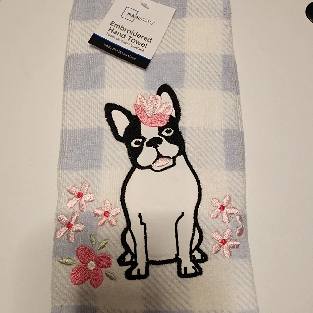 Embroidered Hand Towel French Bulldog Boston Terrier Blue White NWT